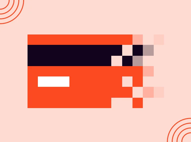 Fintech App Design: Aligning User Needs and Security Orange bank card with a black stripe dissolving into pixels on its right edge, on a pale pink background