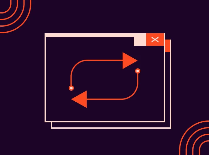 Outlined app window with a close button and two orange looping arrows forming a cycle, on dark plum