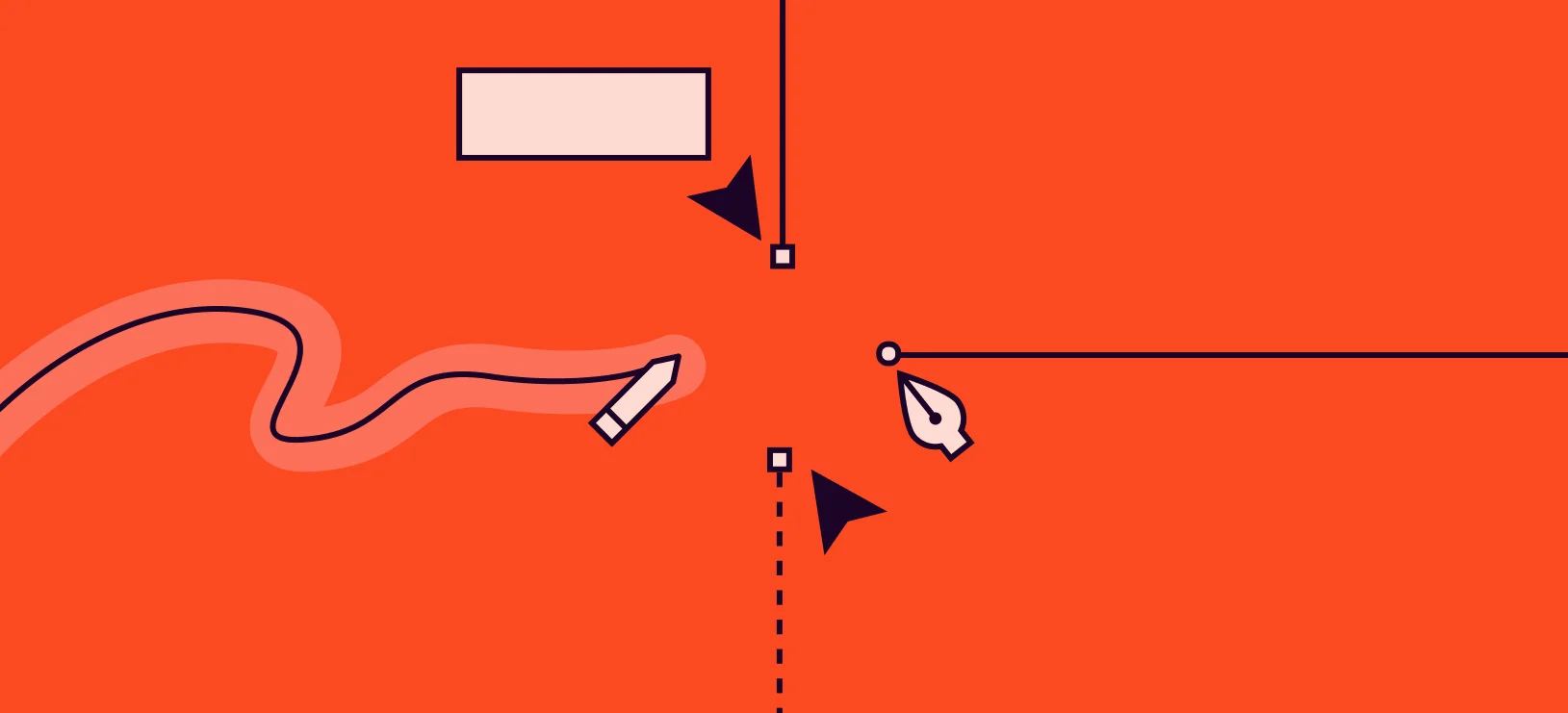 Design tools on an orange canvas: a pencil drawing a wavy line, a pen tool, two cursors and guide lines