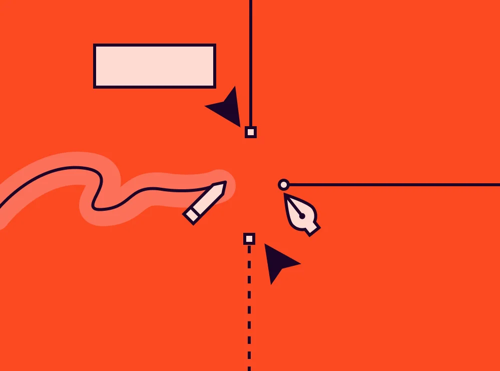 How to design apps: Spaceberry Studio workflow and cases Design tools on an orange canvas: a pencil drawing a wavy line, a pen tool, two cursors and guide lines