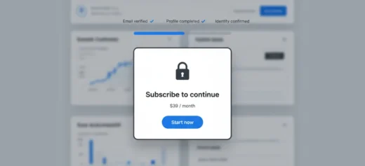 Blurred dashboard behind a locked “Subscribe to continue” modal asking $39/month before identity verification is complete