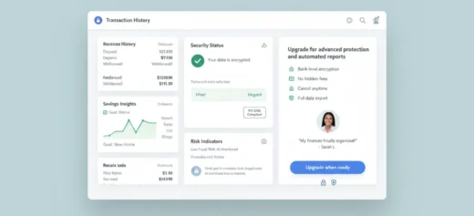 Transaction history dashboard with an upgrade panel listing bank-level encryption, no hidden fees, cancel anytime and full data export