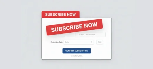 Checkout form covered by oversized red “Subscribe Now” banners, an example of a paywall that interrupts the user
