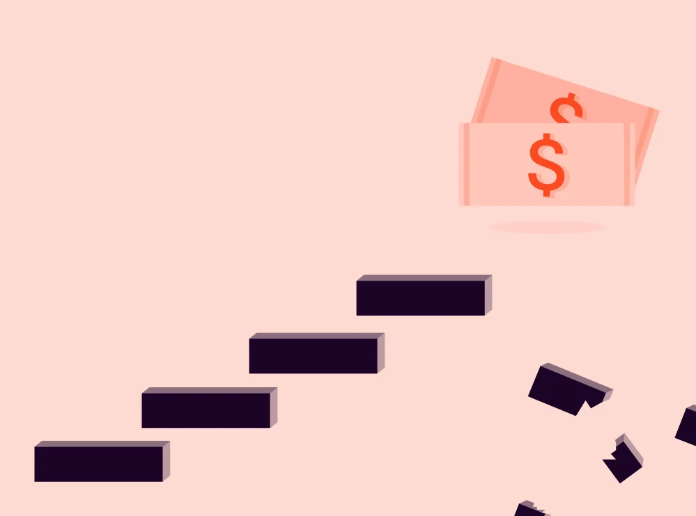 Why Most Paywalls Fail Before Users Even See Pricing Dark steps rising toward two dollar bills, with the top of the staircase broken into falling pieces