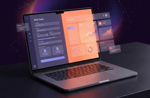 Laptop showing a KYC form beside an analytics dashboard, with floating interface cards around the screen