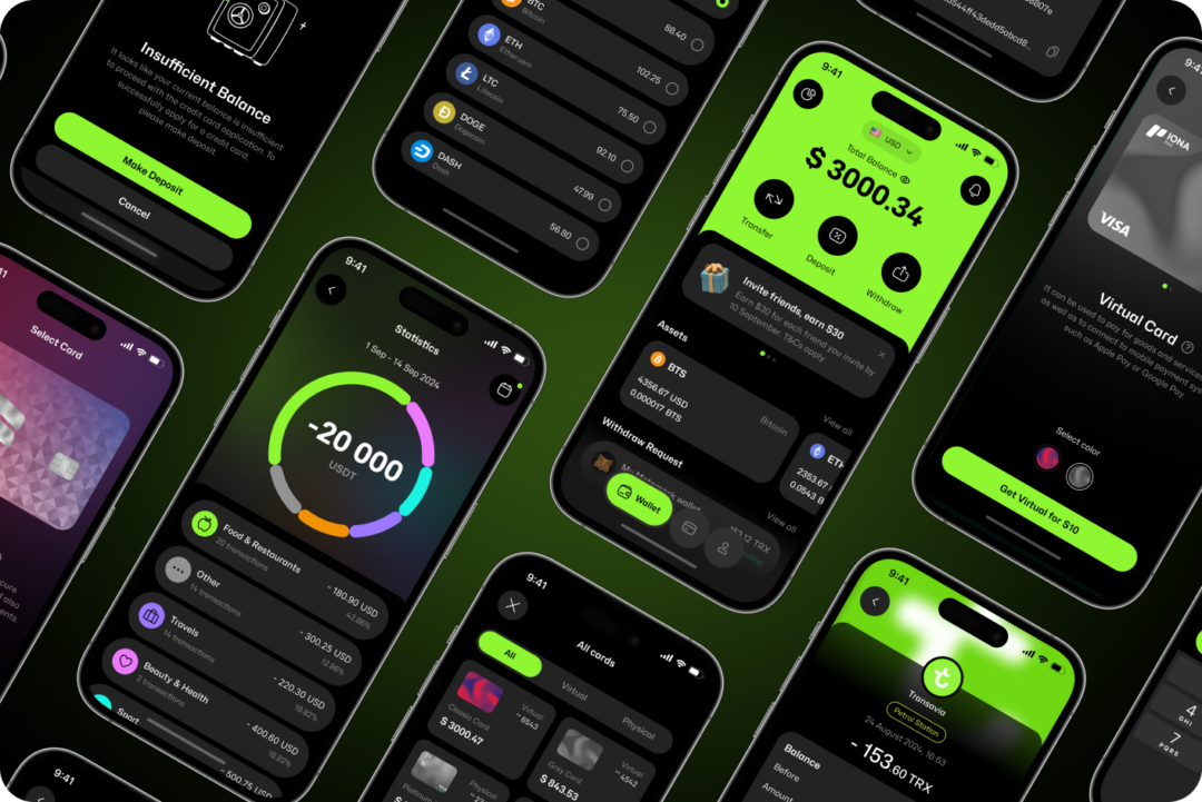 IONA Pay dark and lime-green app screens: total balance, spending statistics ring, card selection, virtual card and crypto assets