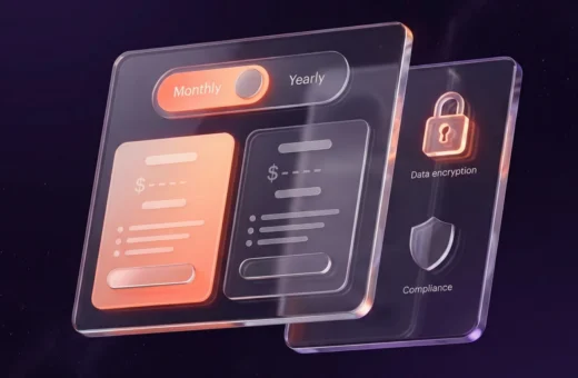Glass pricing cards with a Monthly/Yearly toggle next to data encryption and compliance badges