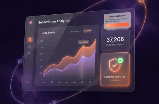 Subscription analytics dashboard with usage trends, 37,206 completed reports, an upcoming renewal notice and compliance status