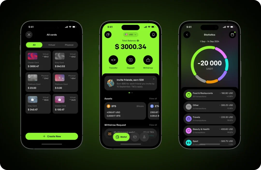 Redesigned app screens: all cards list, wallet home with $3000.34 balance, and spending statistics ring by category