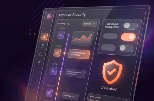 Account security screen with an activity log, permission toggles and a “2FA Enabled” shield