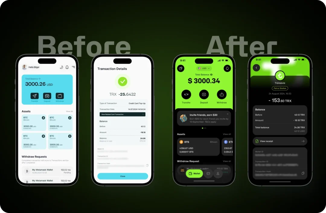 Before and after of the Iona Pay app: light wallet and transaction screens redesigned as dark screens with lime-green accents