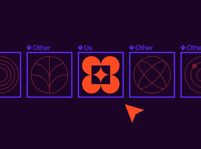 Row of purple-framed logo tiles labeled Other, with a bright orange tile labeled Us selected by a cursor