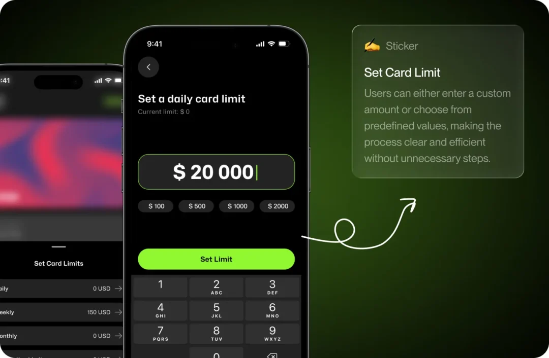 Set daily card limit screen with a $20,000 entry, preset amounts and keypad, beside a daily/weekly/monthly limits list