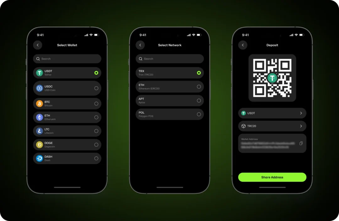 Crypto deposit flow in three screens: select wallet (USDT), select network (TRX/TRC20), then a deposit QR code