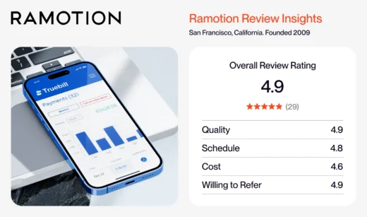 Ramotion review card: 4.9 overall rating from 29 reviews, San Francisco, founded 2009, beside the Truebill payments app
