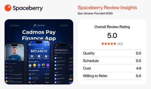 Spaceberry review card: 5.0 overall rating from 42 reviews, Kyiv, founded 2020, beside the Cadmos Pay finance app