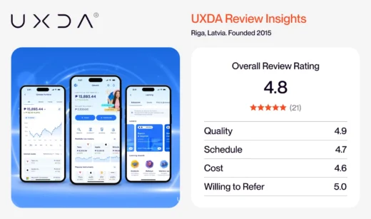 UXDA review card: 4.8 overall rating from 21 reviews, Riga, founded 2015, beside three investment app screens