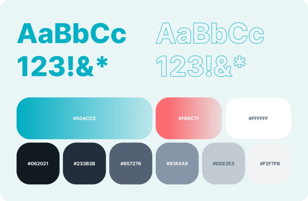 Design system foundations: bold and outline type specimens with a teal, coral and grey color palette labeled by hex code