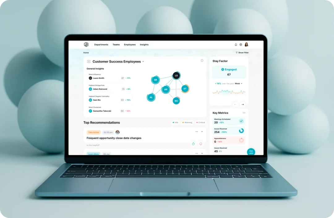 Laptop displaying the redesigned Peoplelogic team dashboard against a backdrop of pale teal spheres
