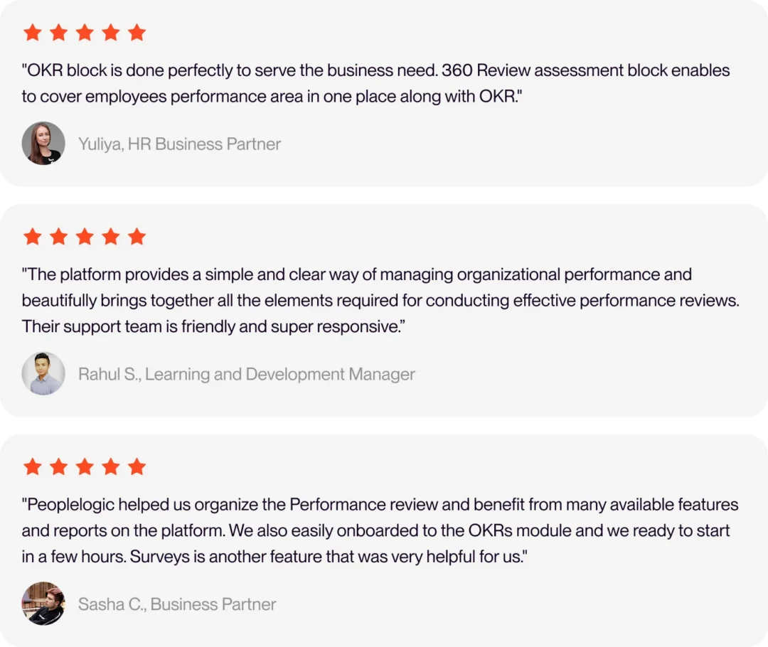 Three five-star reviews from Peoplelogic users in HR, learning and development and business partner roles praising the platform