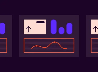 Repeated dashboard cards with an up-arrow tile, purple bar chart and orange wave line graph on dark plum
