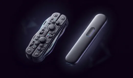 Cluttered many-button device next to a sleek single-button one, contrasting a dashboard for everyone with one for a role