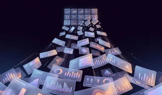 Endless stream of chart and dashboard panels pouring toward the viewer, illustrating how more data overwhelms users