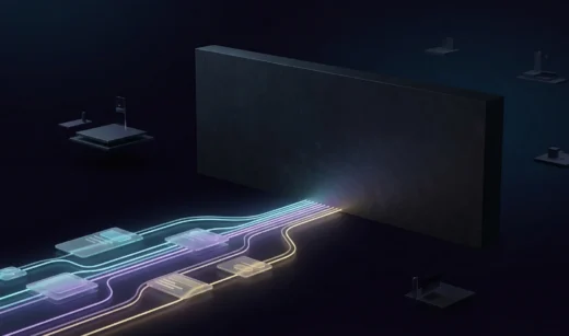 Glowing data streams running into a blank wall, illustrating dashboard insights that lead to no next action