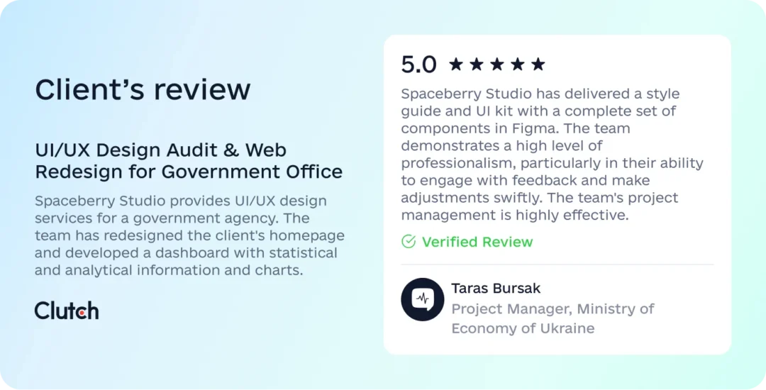 Clutch 5.0-star review by Taras Bursak, Project Manager at the Ministry of Economy of Ukraine, praising the style guide and UI kit