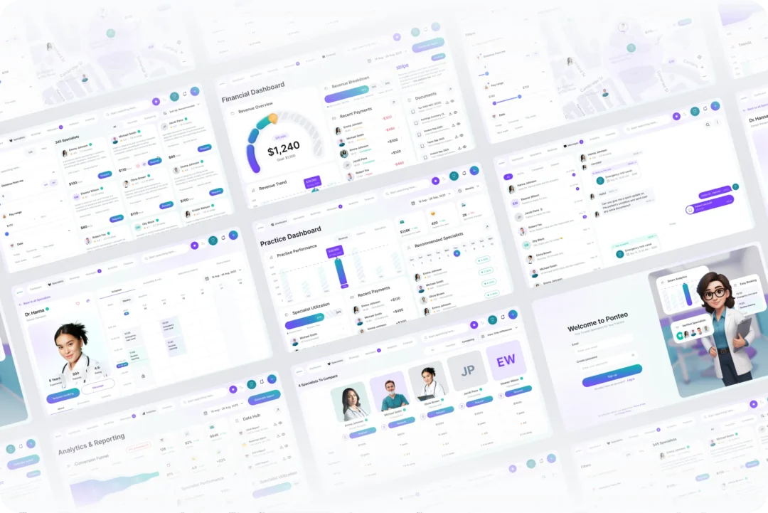 Overview grid of Ponteo interface screens: specialist search results, practice and financial dashboards, messaging, analytics and the sign-up screen