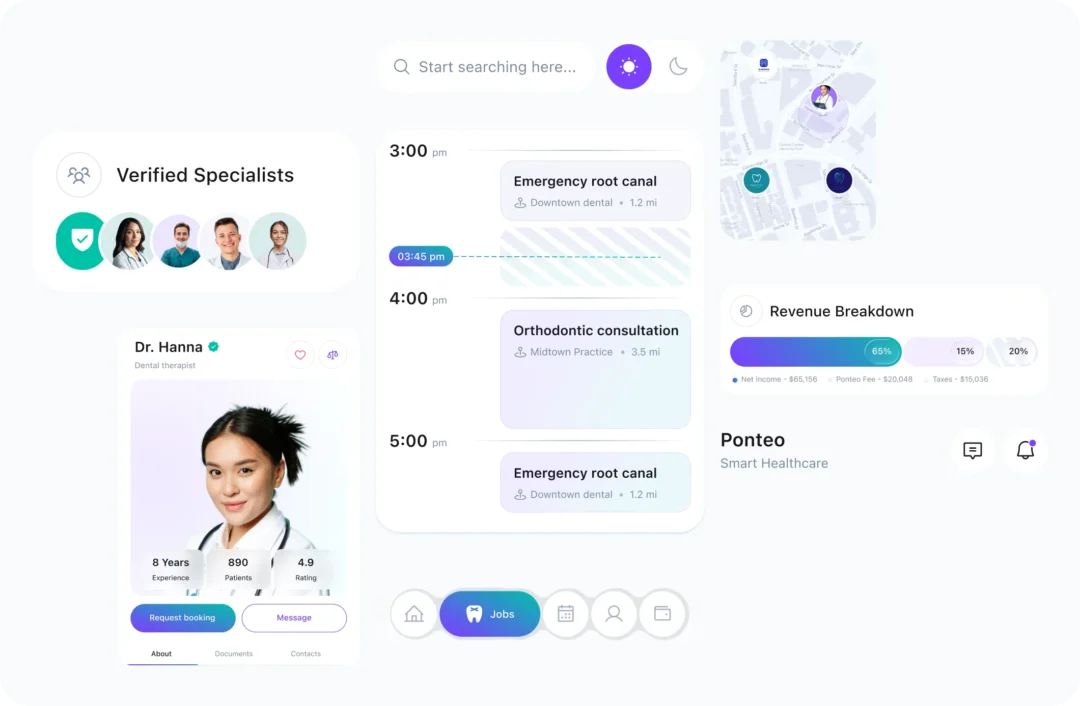 Specialist-facing interface pieces: a verified specialists row, Dr. Hanna’s profile card with experience, patients and rating, a day schedule of appointments, a location map and a revenue breakdown bar