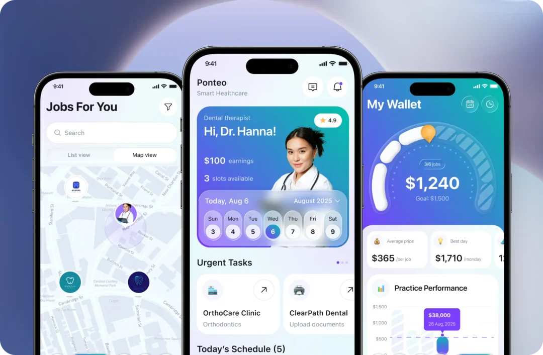 Three phone screens of the specialist app: a jobs list with map view, the home screen with the day’s schedule and urgent tasks, and a wallet screen with earnings against a goal