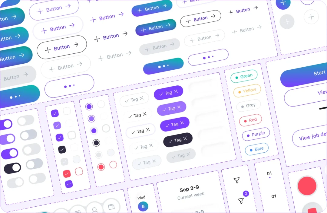 Sheet from the Ponteo design system showing button, toggle, checkbox, radio, tag and colour-label components in their different states