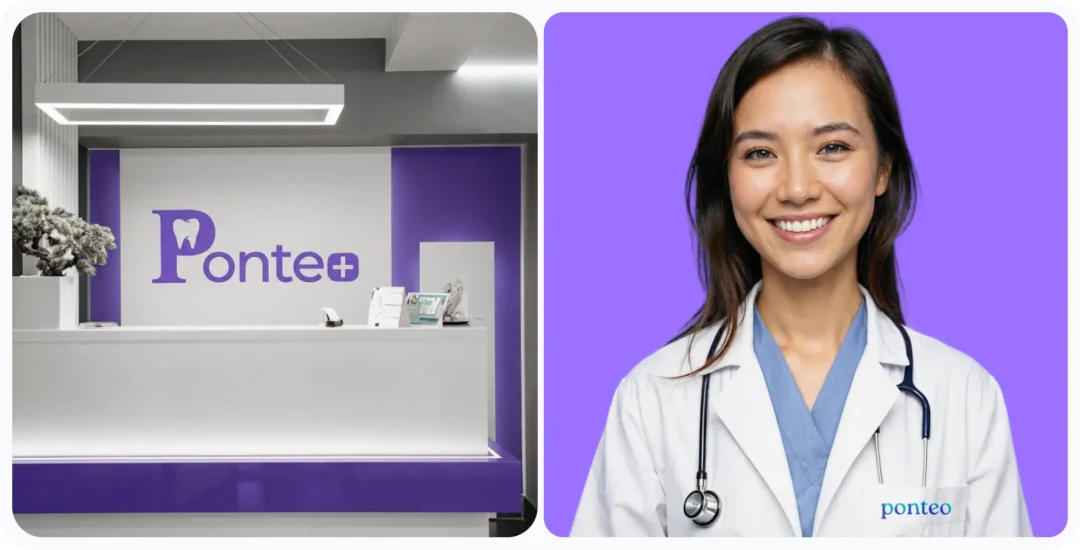 Ponteo brand applied in context: a clinic reception desk with the Ponteo tooth logo on the wall, beside a dental specialist in a branded white coat