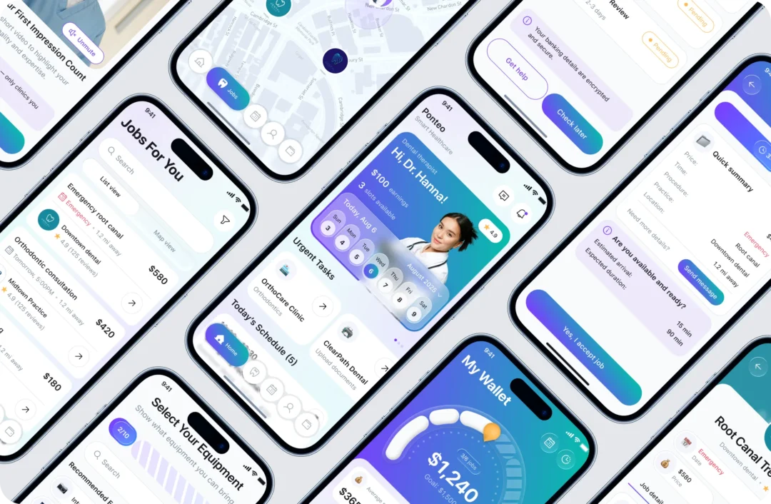 Angled collage of specialist app screens: video intro, job listings with prices and distances, map view, home screen, wallet, equipment selection and a job-detail summary