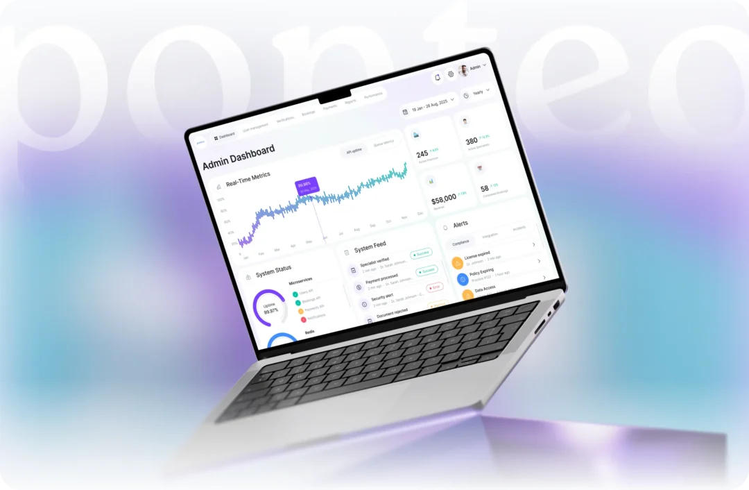 Laptop showing the Ponteo admin dashboard with real-time metrics, system status, a system feed and alerts, on a Ponteo-branded background