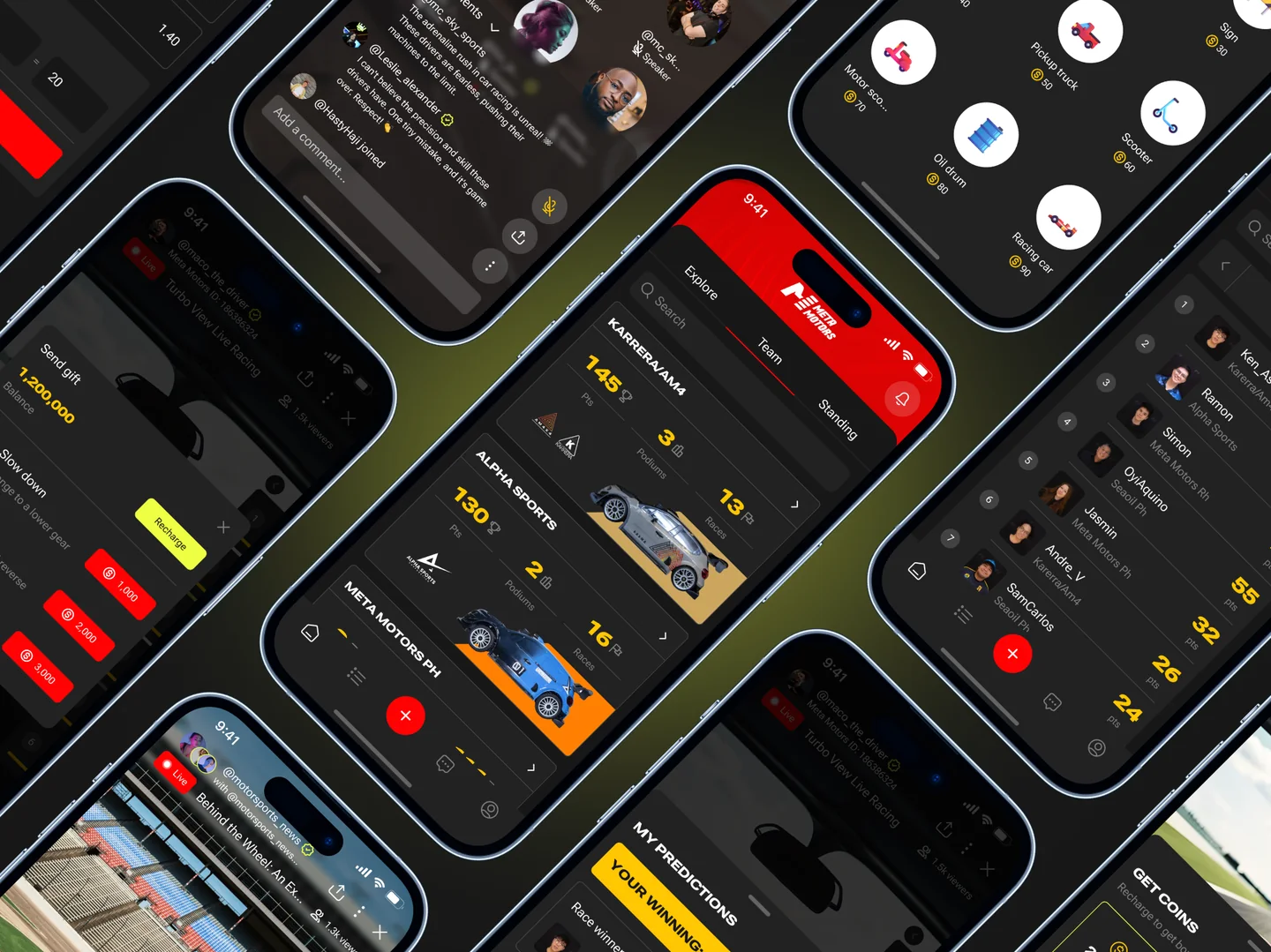 MetaMotors racing platform mobile app screens