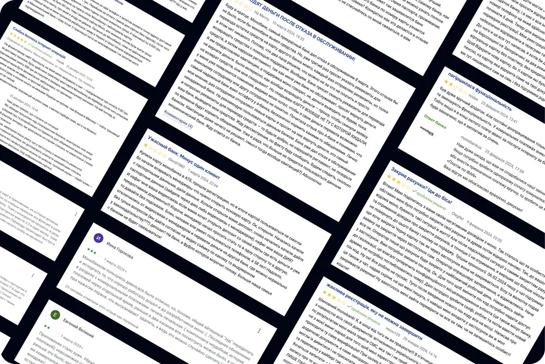 Collage of monobank user reviews gathered from the App Store and Google Play