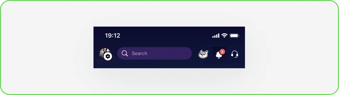 Proposed monobank top bar adding a search field, a notification bell with a badge and a support icon