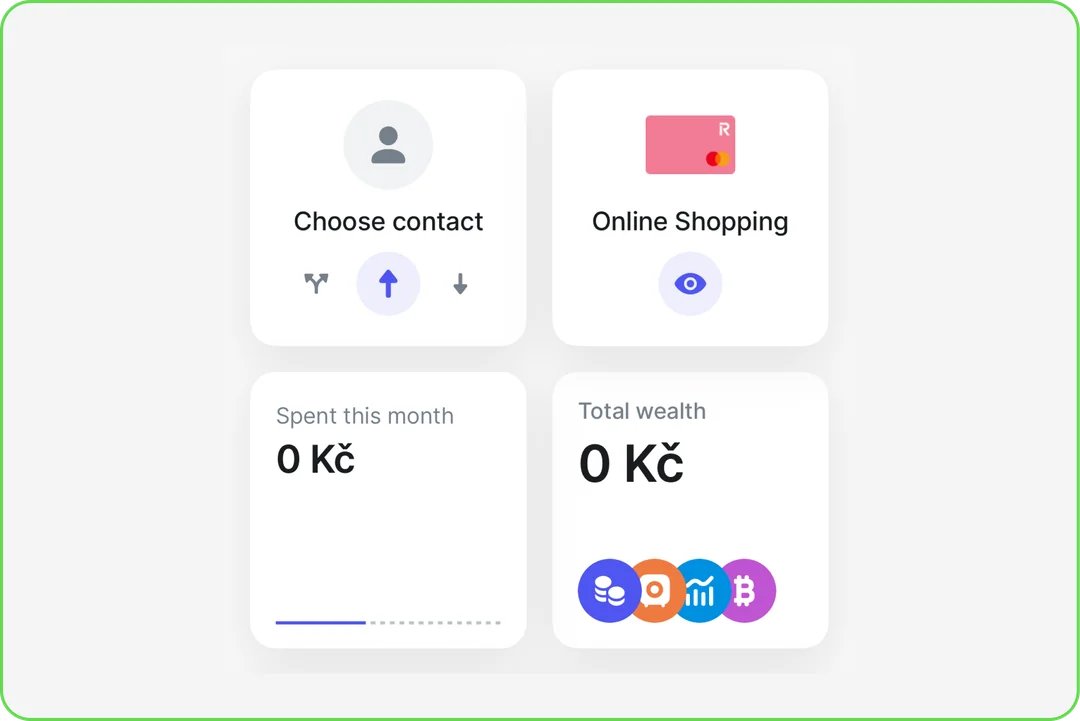 Reference customisable home widgets: contact shortcut, card, monthly spending and total wealth