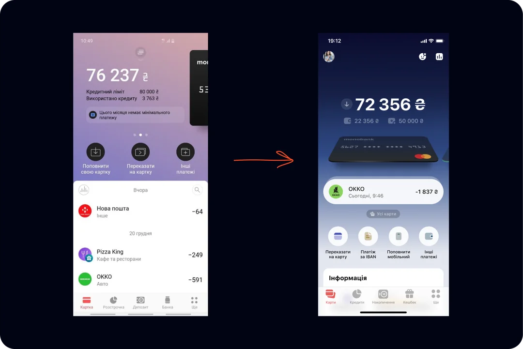 The monobank app's existing main screen shown beside the redesigned main screen
