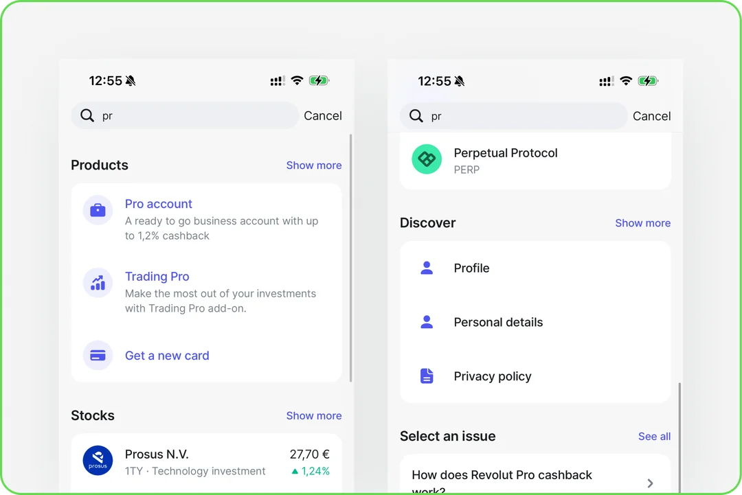Reference global search from Revolut, returning products, stocks, app sections and help articles for one query
