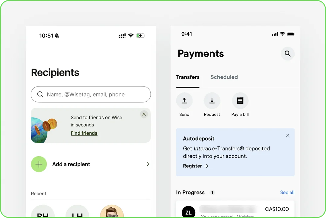 Reference recipients and payments screens from Wise and another app, with saved recipients and scheduled transfers