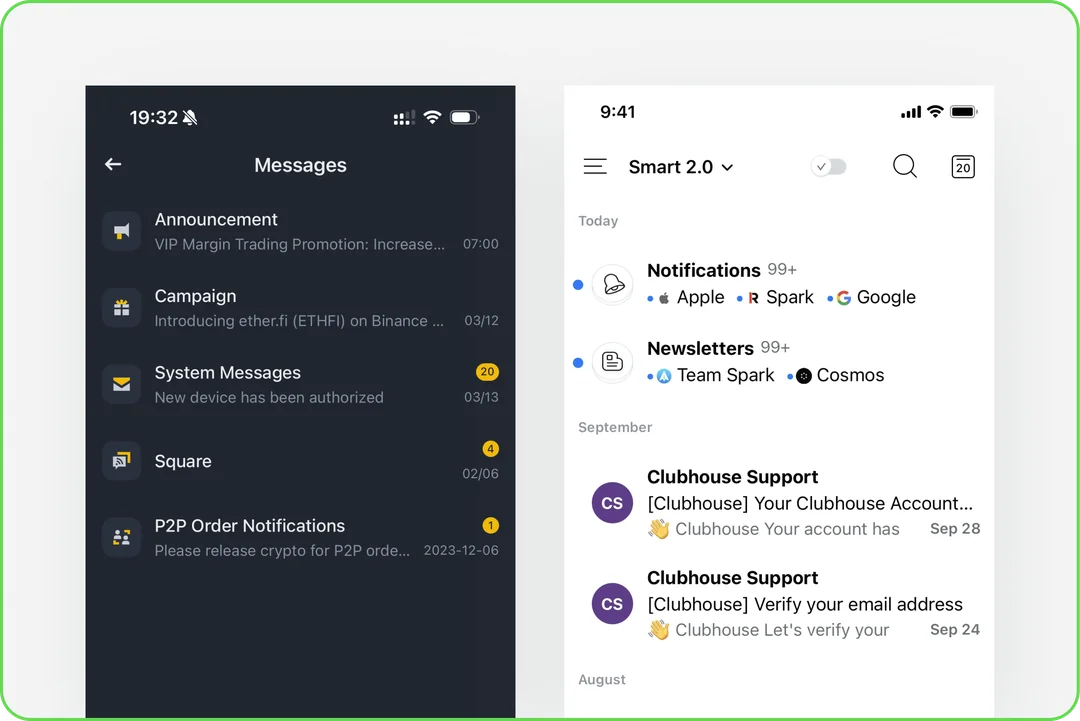 Reference notification inboxes from other apps, grouping messages by type such as announcements and system messages