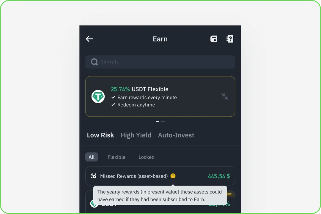Reference Earn screen showing missed rewards, the amount the user's assets could have earned