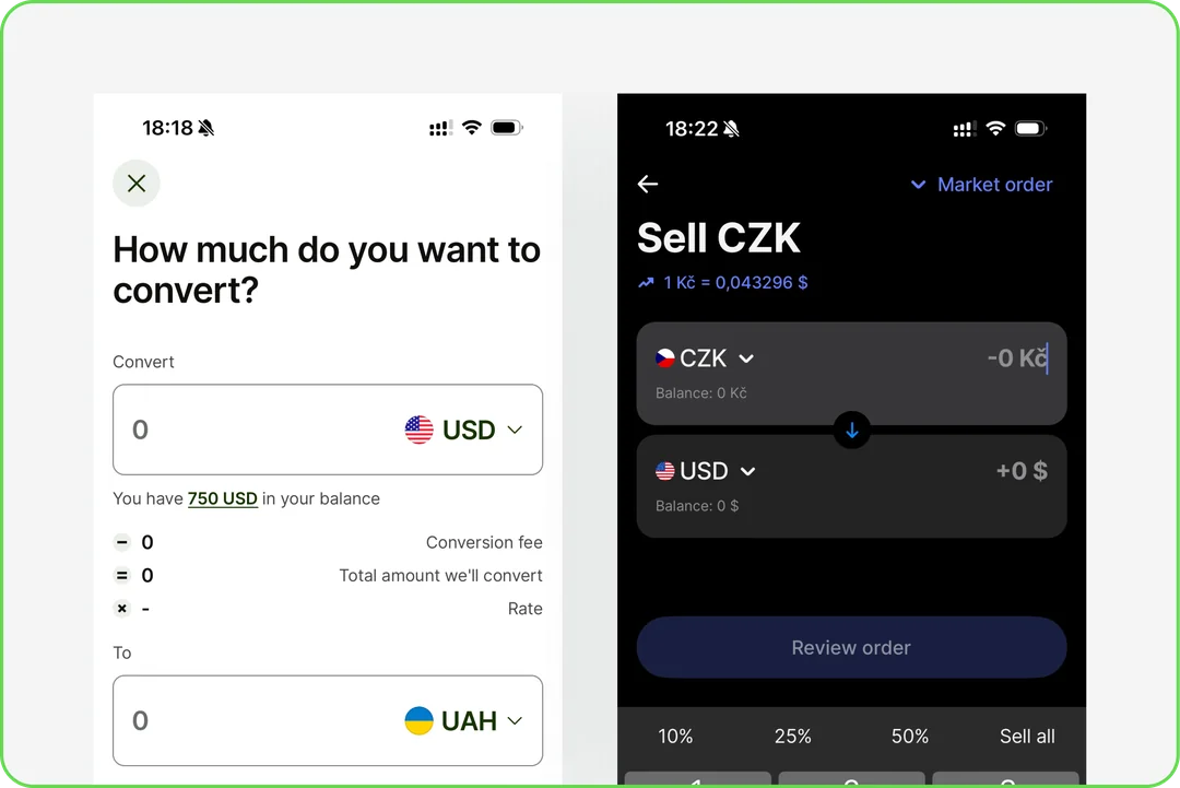 Reference currency exchange screens with currency pickers, rate, fee and the amount to convert