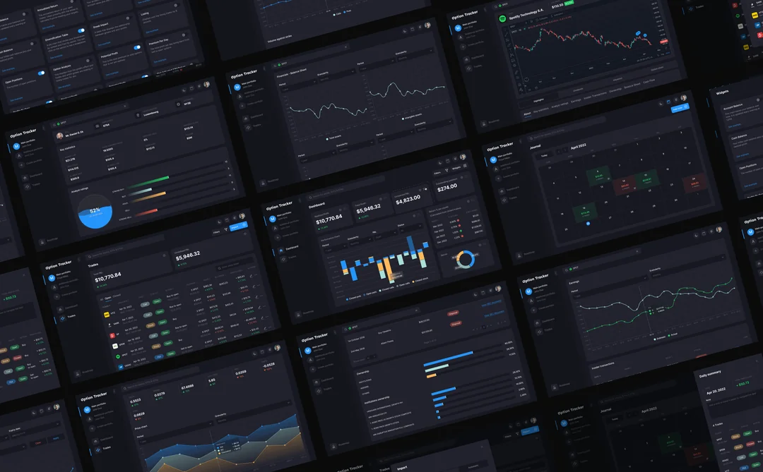 Option Tracker redesigned dark trading dashboards: portfolio totals, trades table, P&L charts, journal calendar and analytics