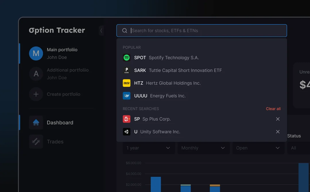company search, design for option tracker - financial platform