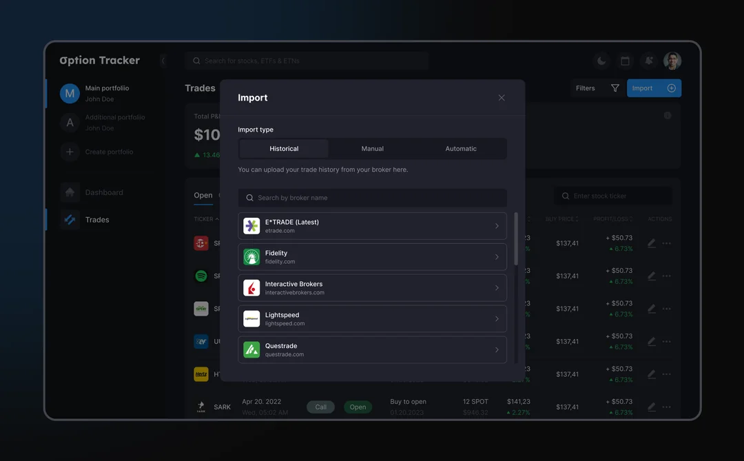 trades import, design for option tracker - financial platform