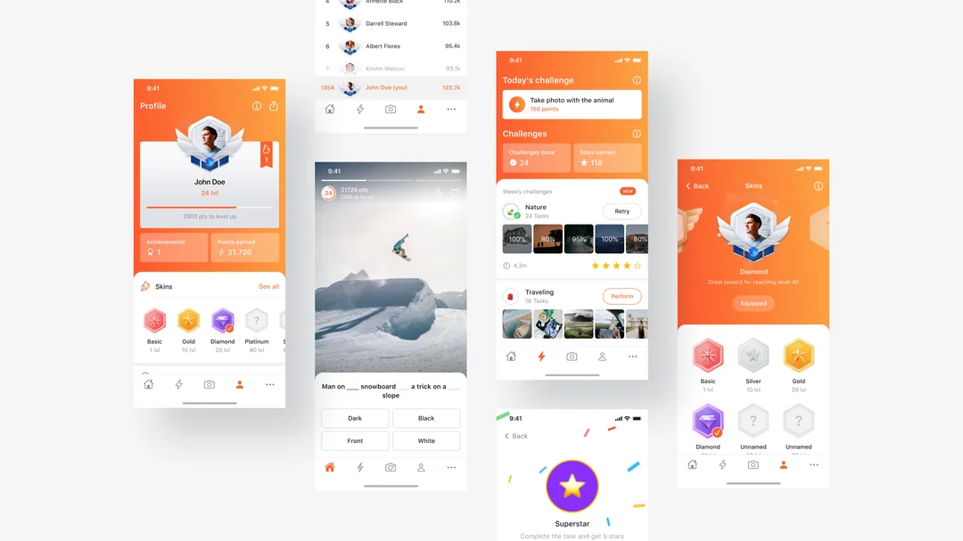 PickLang screens for profile with skins, photo quiz, daily challenges and unlocked avatar skins